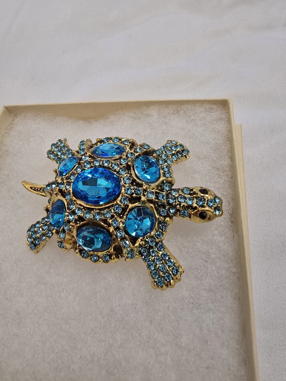 Blue Crystal Turtle Brooch - Gold Tone Women Jewelry